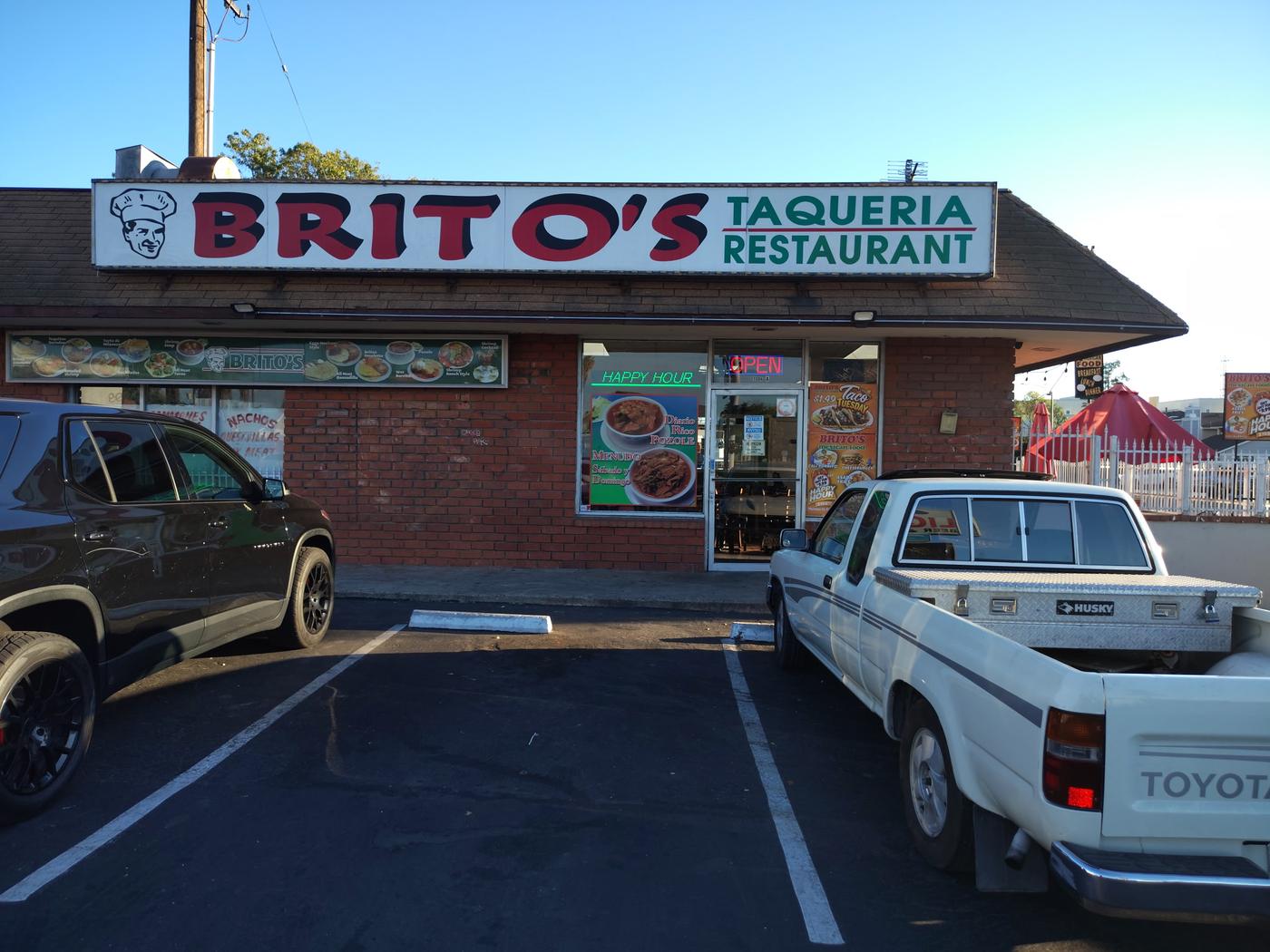 Brito's Taqueria and Restaurant storefront with red and green sign at 1504 S Euclid St in Anaheim