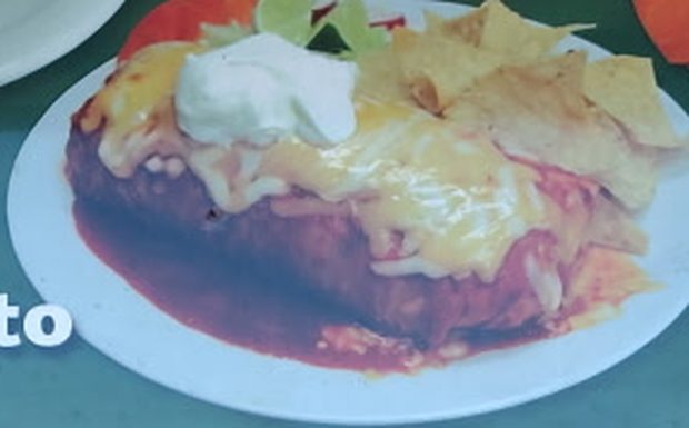 Burrito mojado topped with sauce, melted cheese and sour cream